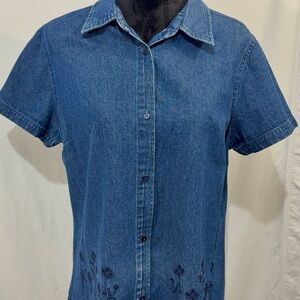 90s Denim Short Sleeve Button Up Floral Embroidery Basic Editions Large